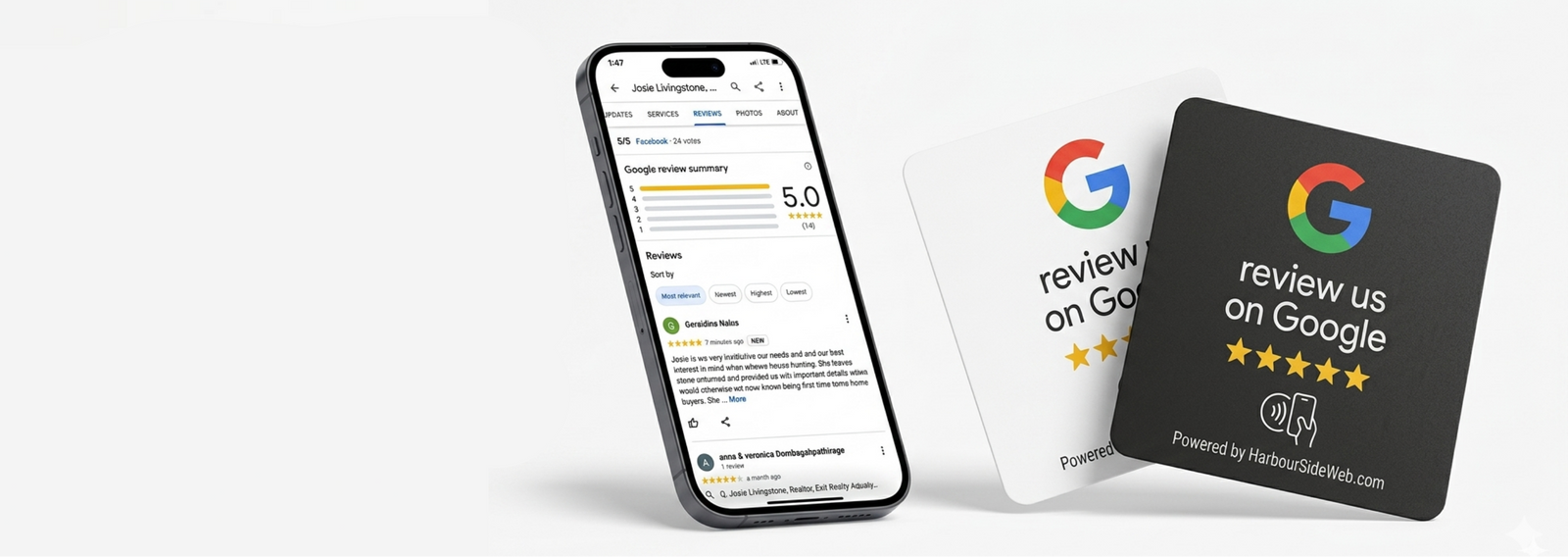HarbourSide Google Review NFC card beside a phone opening a 5-star Google review page